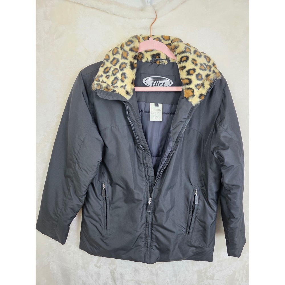 Flirt Black Puffer Jacket Leopard Faux Fur Collar Zip‎ Up Winter Coat Womens 14